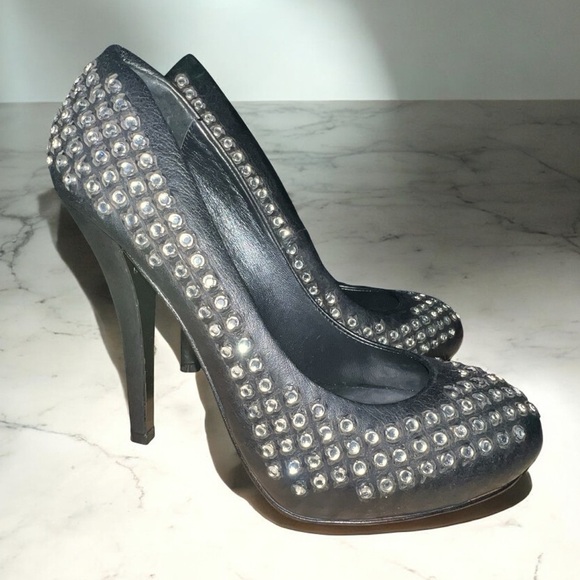Dolce Vita Italian Sexy Studded Rhinestone Crystal Black Leather High Heels - Picture 1 of 7